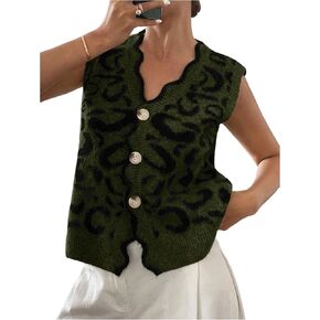 WDIRARA Women's Leopard Print Button Down Sweater Vest V Neck Sleeveless Cardigan Scallop Trim Knit Tops in Kuwait