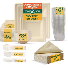 Eco Soul 400 PCS Compostable Setmance لـ 50 ضيفًا ، 50 جهازًا لكل من لوحات الورق الصديقة للبيئة من 9 "" و 6 "" ، أدوات المائدة ، المناديل ، 16 أوقية الأوعية وأكواب 16 أوقية للحفلة ، النزهة والتجمع in Kuwait