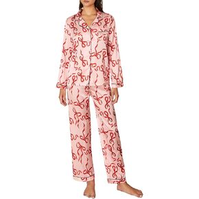 Bow Pajamas for Women Long Sleeve Button Down Shirt Wide Leg Pants Holiday Cute 2 Piece Silk Sleepwear Sets in Kuwait