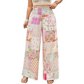 Women's Plus Size Patchwork Floral Paisley Boho Pants Smocked Colorblock High Waisted Wide Leg Trousers in Kuwait