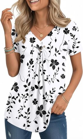 Zeagoo V Neck Short Sleeve Shirts for Women Dressy Casual Blouses Pleated Summer Tunic Tops in Saudi Arabia