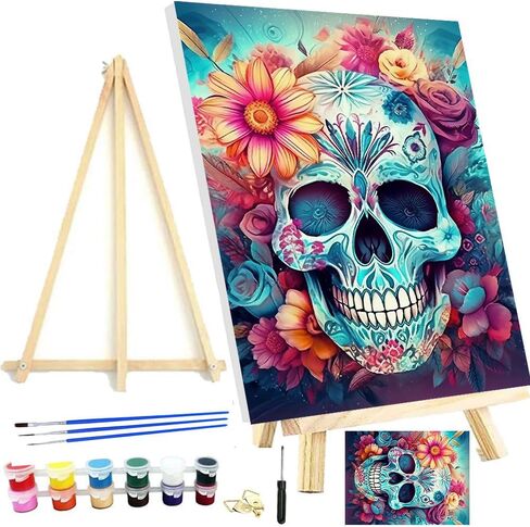 Meothan Paint by Numbers Kits for Adults, Skull Paint by Number for Adults Beginners, Flowers Paint by Numbers Kits on Canvas with Framed and Easel for Home Wall Decor 11.8x15.7inch (30x40cm) in Saudi Arabia
