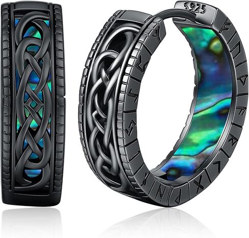 Friggem Men Viking Earrings Sterling Silver Black Nordic Runes Hoop Earring Sturdy Norse Mythology Hypoallergenic Jewelry Gifts for Women in Saudi Arabia