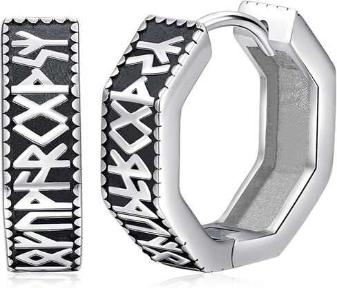 Friggem Men Viking Earrings Sterling Silver Black Nordic Runes Hoop Earring Sturdy Norse Mythology Hypoallergenic Jewelry Gifts for Women in Saudi Arabia