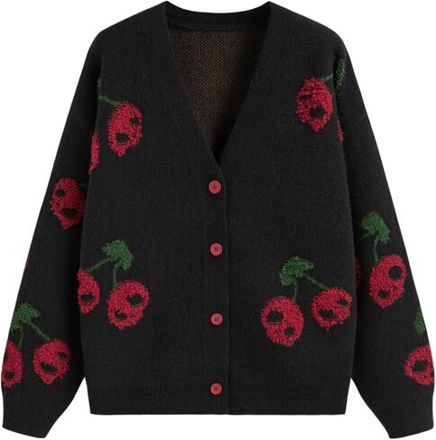 CIDER Womens Cherry Skull Cardigan Sweater Knit Button Down in Saudi Arabia