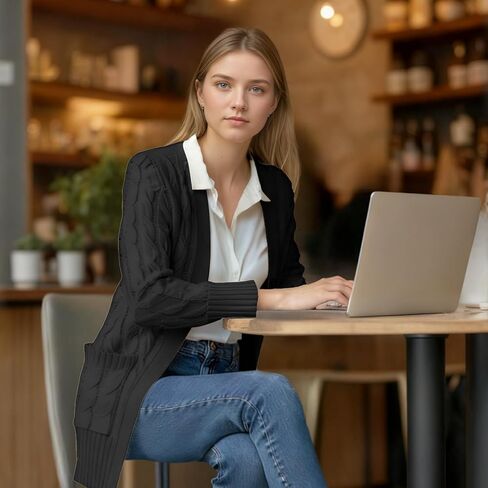 سترة نسائية منسوجة بالكابل - سترة مفتوحة بأزرار أمامية مع جيوب، سترة صوفية مكتنزة لفصل الشتاء للنساء in Kuwait
