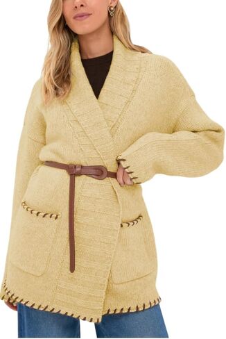 VAOYIU Women's Elegant Knit Cardigan Shawl Collar Versatile Soft Outerwear with Pockets and Stitched Details in Kuwait