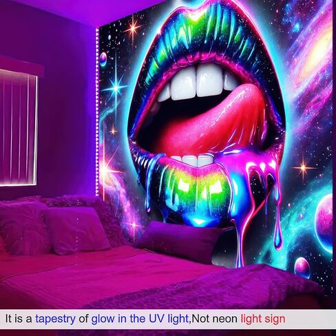 BlissYard Blacklight Tapestry UV Reactive Tapestry Wall Hanging 78x59 Inches Cosmic Rainbow Lips Wall Hanging, Fluorescent Art Decoration for Bedroom, Living Room, and Parties in Saudi Arabia