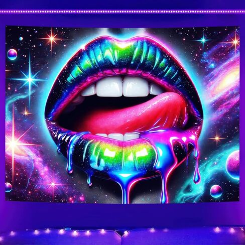 BlissYard Blacklight Tapestry UV Reactive Tapestry Wall Hanging 78x59 Inches Cosmic Rainbow Lips Wall Hanging, Fluorescent Art Decoration for Bedroom, Living Room, and Parties in Saudi Arabia