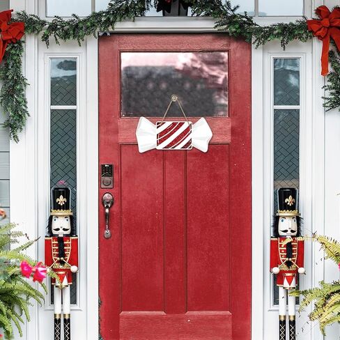 Christmas Red Square Peppermint Candy Front Door Sign, Xmas Glitter White Wrapper Wood Hanger Outdoor Outside Porch Home Decor, Winter Holiday Wooden Wreath Indoor Wall Hanging Decoration in Saudi Arabia