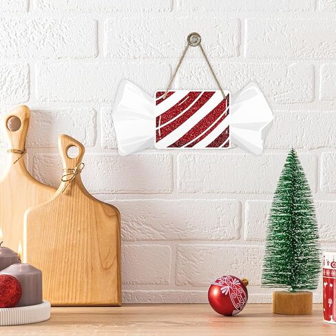Christmas Red Square Peppermint Candy Front Door Sign, Xmas Glitter White Wrapper Wood Hanger Outdoor Outside Porch Home Decor, Winter Holiday Wooden Wreath Indoor Wall Hanging Decoration in Saudi Arabia