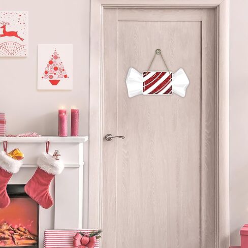 Christmas Red Square Peppermint Candy Front Door Sign, Xmas Glitter White Wrapper Wood Hanger Outdoor Outside Porch Home Decor, Winter Holiday Wooden Wreath Indoor Wall Hanging Decoration in Saudi Arabia