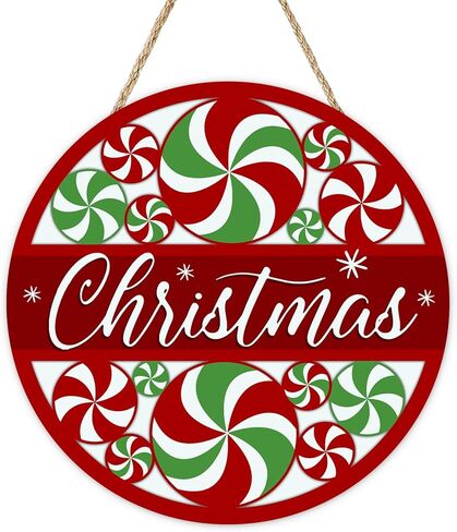 Christmas Red Square Peppermint Candy Front Door Sign, Xmas Glitter White Wrapper Wood Hanger Outdoor Outside Porch Home Decor, Winter Holiday Wooden Wreath Indoor Wall Hanging Decoration in Saudi Arabia