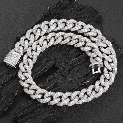 Solid Gold over S925 Sterling Silver Triple Row Square Cut Moissanite Chain, 21mm Substantial Cuban Link Necklace, Luxury Gift for Men and Him in Kuwait