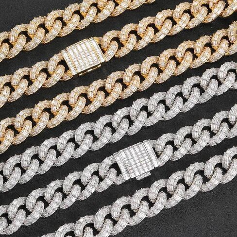 Solid Gold over S925 Sterling Silver Triple Row Square Cut Moissanite Chain, 21mm Substantial Cuban Link Necklace, Luxury Gift for Men and Him in Kuwait