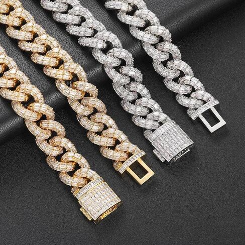Solid Gold over S925 Sterling Silver Triple Row Square Cut Moissanite Chain, 21mm Substantial Cuban Link Necklace, Luxury Gift for Men and Him in Kuwait