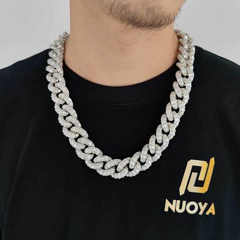 Solid Gold over S925 Sterling Silver Triple Row Square Cut Moissanite Chain, 21mm Substantial Cuban Link Necklace, Luxury Gift for Men and Him in Kuwait