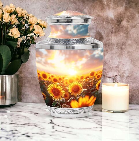 Sunflower Twilight - Cremation Urn for Adult Men & Women - Large with Velvet Bag - Urn for Human Ashes for Adult Male & Female - Memorial for Human Remains Mom & Dad - Funeral Decorative Urns in Saudi Arabia