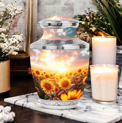 Sunflower Twilight - Cremation Urn for Adult Men & Women - Large with Velvet Bag - Urn for Human Ashes for Adult Male & Female - Memorial for Human Remains Mom & Dad - Funeral Decorative Urns in Saudi Arabia