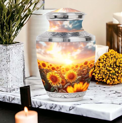 Sunflower Twilight - Cremation Urn for Adult Men & Women - Large with Velvet Bag - Urn for Human Ashes for Adult Male & Female - Memorial for Human Remains Mom & Dad - Funeral Decorative Urns in Saudi Arabia