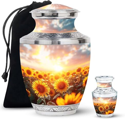 Sunflower Twilight - Cremation Urn for Adult Men & Women - Large with Velvet Bag - Urn for Human Ashes for Adult Male & Female - Memorial for Human Remains Mom & Dad - Funeral Decorative Urns in Saudi Arabia