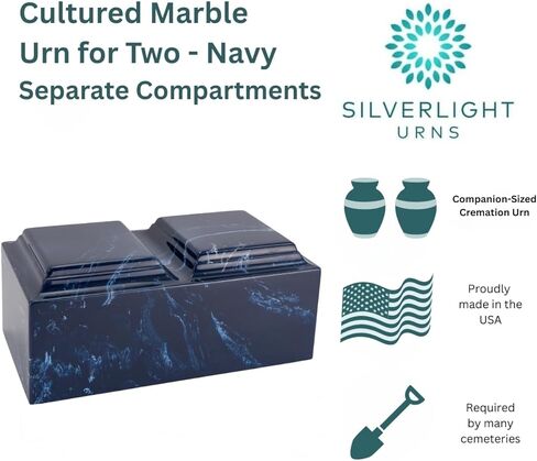 Navy Cultured Marble Cremation Urn for Two - Blue, Companion Sized for Human Ashes, Ground Burial, Funeral Home Memorial in Saudi Arabia