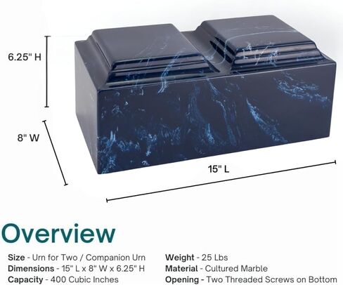Navy Cultured Marble Cremation Urn for Two - Blue, Companion Sized for Human Ashes, Ground Burial, Funeral Home Memorial in Saudi Arabia