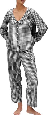 COZYPOIN Womens Gingham Pajama Sets Wave V-Neck Cotton Plaid Button Down Long Sleeve Shirt and Pants Y2K Lounge Set Sleepwear in Saudi Arabia