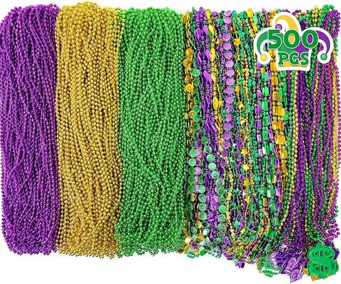 120 PCS Mardi Gras Beads Necklace Bulk, 9 Styles Mardi Gras Accessories, Purple Gold Green Mardi Gras Beads Necklaces for Mardi Gras Parade Throws Masquerade Costume Party Decorations in Kuwait