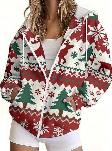 Women Christmas Hoodie Full Zip Sweatshirts Fleece Winter Coat Red Green White Santa Reindeer Snow Tree Print Outfit in Saudi Arabia