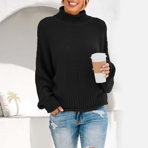 Women's 2025 Winter Fall Solid Turtleneck High Neck Balloon Long Sleeve Pullover Sweater in Saudi Arabia