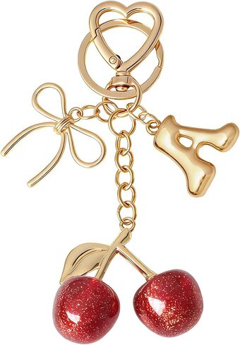 Snycler Bubble Initial Keychain with Cherry & Bow - Gold Letter Bag Charms for Women, Cute Purse Handbag Accessories in Saudi Arabia
