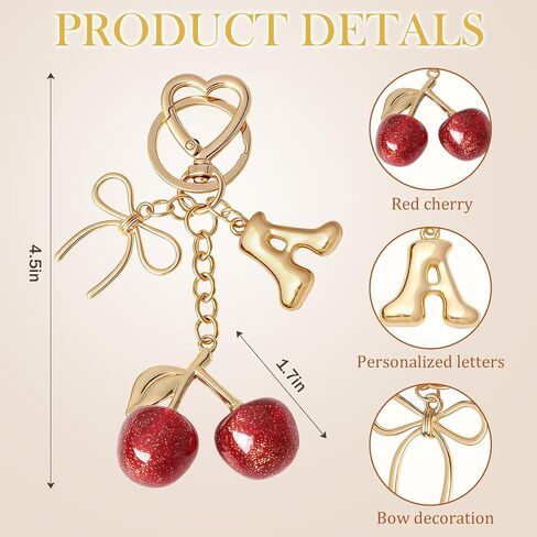 Snycler Bubble Initial Keychain with Cherry & Bow - Gold Letter Bag Charms for Women, Cute Purse Handbag Accessories in Saudi Arabia