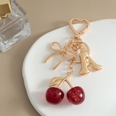 Snycler Bubble Initial Keychain with Cherry & Bow - Gold Letter Bag Charms for Women, Cute Purse Handbag Accessories in Saudi Arabia