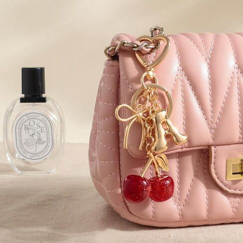 Snycler Bubble Initial Keychain with Cherry & Bow - Gold Letter Bag Charms for Women, Cute Purse Handbag Accessories in Saudi Arabia