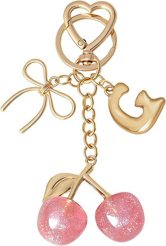 Snycler Bubble Initial Keychain with Cherry & Bow - Gold Letter Bag Charms for Women, Cute Purse Handbag Accessories in Saudi Arabia