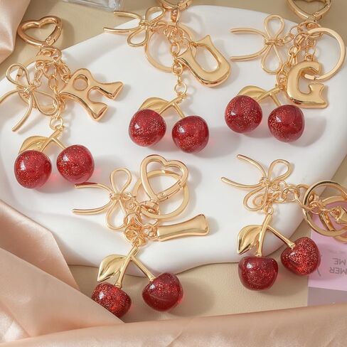 Snycler Bubble Initial Keychain with Cherry & Bow - Gold Letter Bag Charms for Women, Cute Purse Handbag Accessories in Saudi Arabia