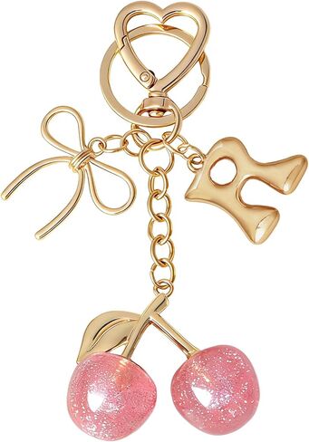 Snycler Bubble Initial Keychain with Cherry & Bow - Gold Letter Bag Charms for Women, Cute Purse Handbag Accessories in Saudi Arabia