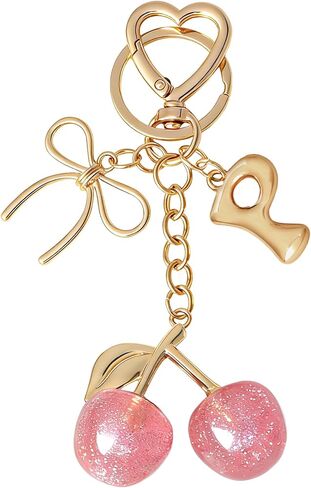 Snycler Bubble Initial Keychain with Cherry & Bow - Gold Letter Bag Charms for Women, Cute Purse Handbag Accessories in Saudi Arabia