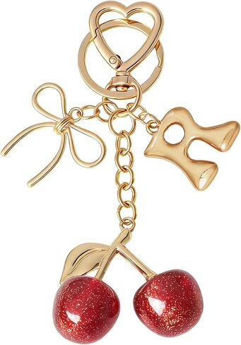 Snycler Bubble Initial Keychain with Cherry & Bow - Gold Letter Bag Charms for Women, Cute Purse Handbag Accessories in Saudi Arabia