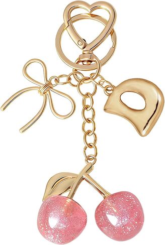 Snycler Bubble Initial Keychain with Cherry & Bow - Gold Letter Bag Charms for Women, Cute Purse Handbag Accessories in Saudi Arabia