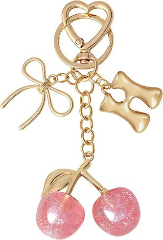 Snycler Bubble Initial Keychain with Cherry & Bow - Gold Letter Bag Charms for Women, Cute Purse Handbag Accessories in Saudi Arabia