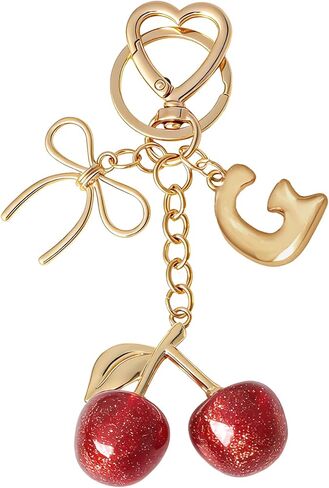 Snycler Bubble Initial Keychain with Cherry & Bow - Gold Letter Bag Charms for Women, Cute Purse Handbag Accessories in Saudi Arabia
