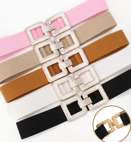 COTIM COYIN Women's Elastic Belt with Double Rhinestone Square Buckle, Stretchy Waistband in Kuwait