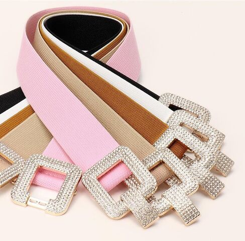 COTIM COYIN Women's Elastic Belt with Double Rhinestone Square Buckle, Stretchy Waistband in Kuwait