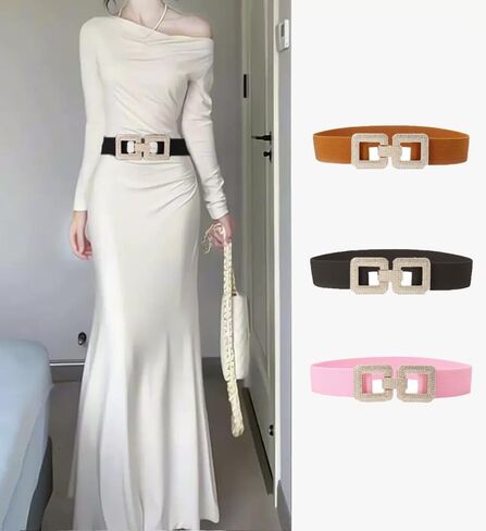 COTIM COYIN Women's Elastic Belt with Double Rhinestone Square Buckle, Stretchy Waistband in Kuwait