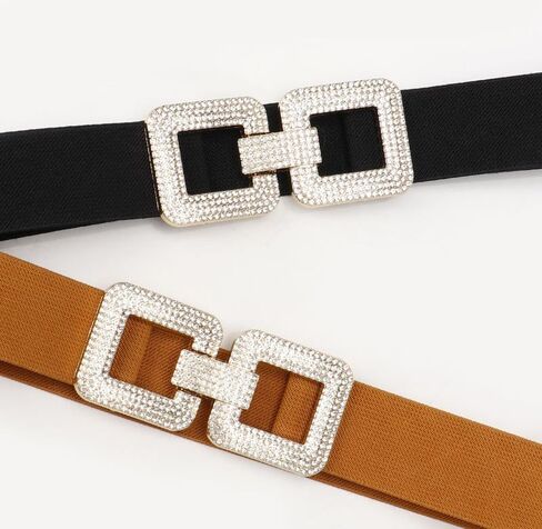 COTIM COYIN Women's Elastic Belt with Double Rhinestone Square Buckle, Stretchy Waistband in Kuwait