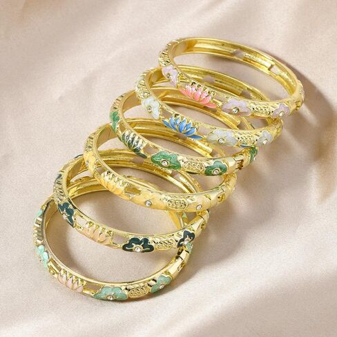 Cloisonne Bracelet For Women, Lotus Diamond Enamel Cute Multi Tone Chunky Bangle Gold Plated Hollow Vintage Bracelets Stackable Wife Jewelry Friendship Gift in Saudi Arabia