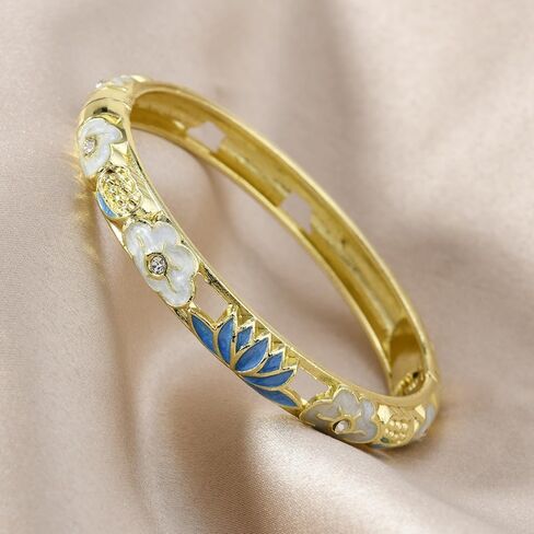 Cloisonne Bracelet For Women, Lotus Diamond Enamel Cute Multi Tone Chunky Bangle Gold Plated Hollow Vintage Bracelets Stackable Wife Jewelry Friendship Gift in Saudi Arabia