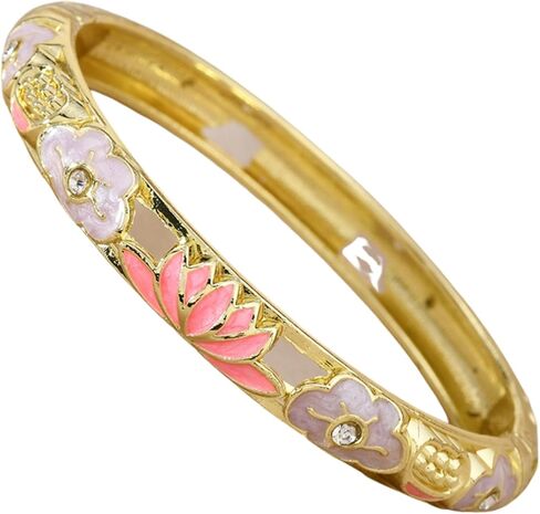 Cloisonne Bracelet For Women, Lotus Diamond Enamel Cute Multi Tone Chunky Bangle Gold Plated Hollow Vintage Bracelets Stackable Wife Jewelry Friendship Gift in Saudi Arabia